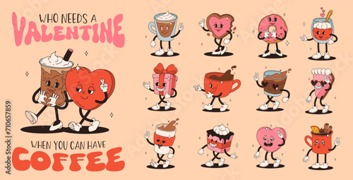 Valentine's Day set of vintage characters. Happy and cheerful retro. Old animation 50s, 60s 70s, groovy cartoon characters of coffee and sweets, donut, cupcake, espresso, latte, cocoa, cake. present.