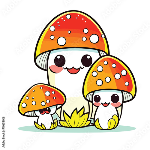 Poisonous happy mushrooms drawn by hand, family of inedible mushrooms white background Vector illustration. Generative AI