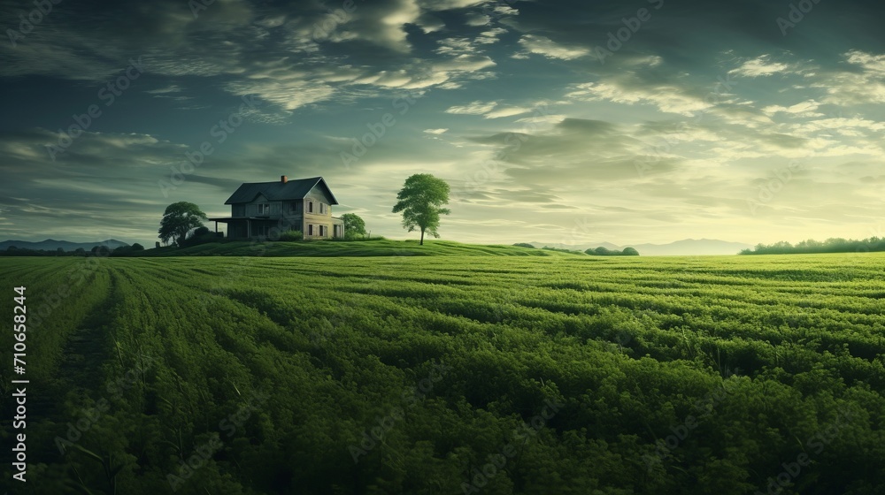 Abandoned House Amidst Lush Green Fields Under a Dramatic Sky” Abandoned House Amidst Lush Green Fields Under a Dramatic Sky”