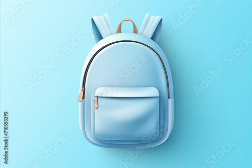 Blue backpack for school, top view on solid blue background with striking contrasts