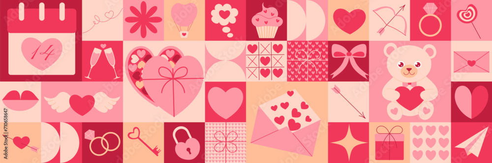 Geometric pattern with Valentine’s Day icons. Bauhaus style. Vector flat design for poster, card, wallpaper, poster, banner, packaging. Heart, bear, love, gift, ribbon bow