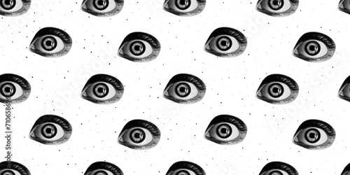 Trendy seamless pattern. Halftone collage eyes and noice texture. Old style background.