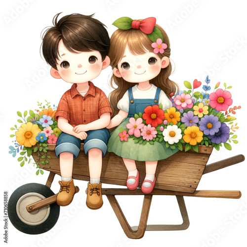 cute boy and girl with wheelbarrow flowers photo