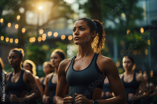 A modern fitness class taking place in an urban setting, emphasizing the health-conscious and active lifestyle choices of the new generation. © Anastasia
