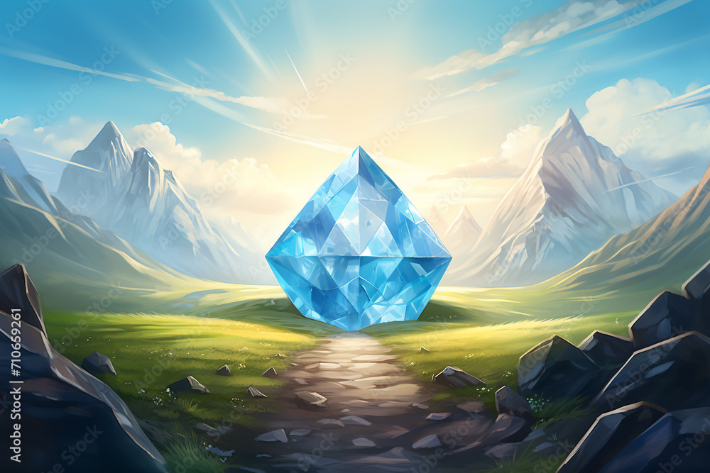 Obraz premium illustration of a huge blue crystal in a mountain valley. Created with Generative AI