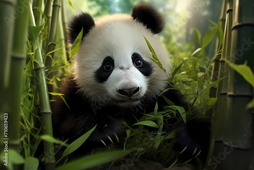 A baby panda munching on bamboo shoots amidst a bamboo forest.
