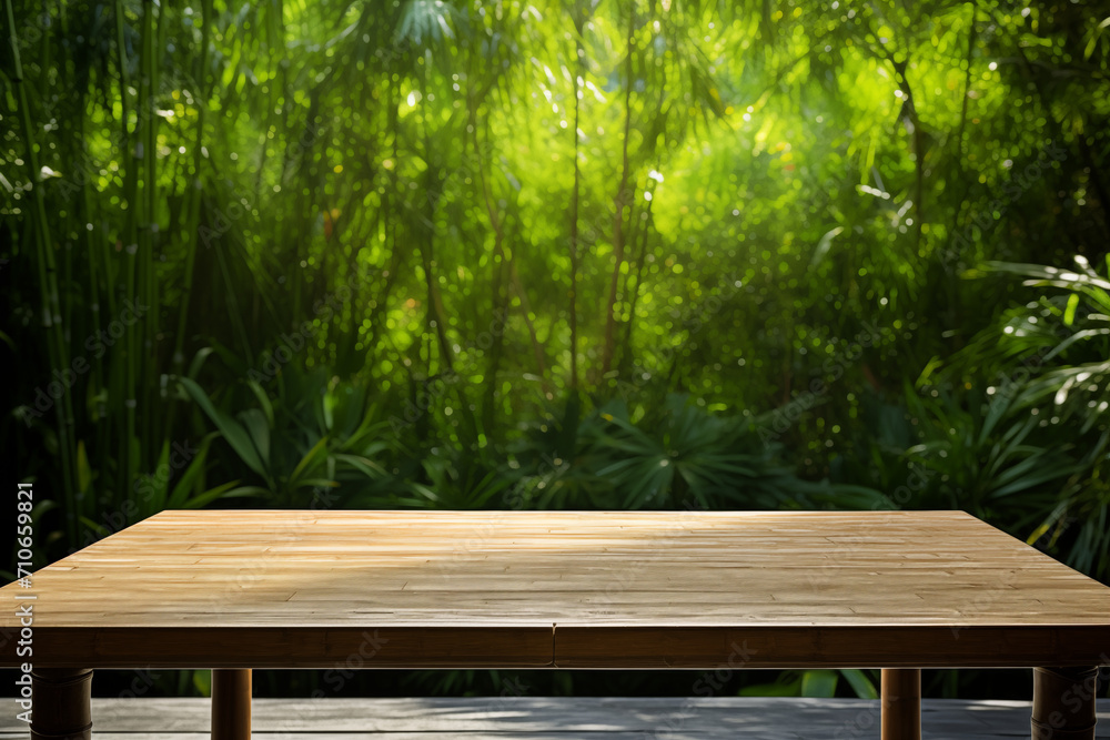 Polished Bamboo Dining Table Set Against a Lush Green Bamboo Forest - Eco-Friendly Outdoor Furniture Concept Polished Bamboo Dining Table Set Against a Lush Green Bamboo Forest - Eco-Friendly Outdoor Furniture Concept
