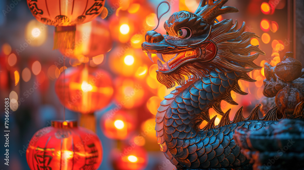 Fototapeta premium dragon stronger stone or jade lamp china line Beautiful walkway holiday Focus stacking, 3d rendering illustration background for happy chinese new year 2024 the dragon zodiac sign with red and gold 