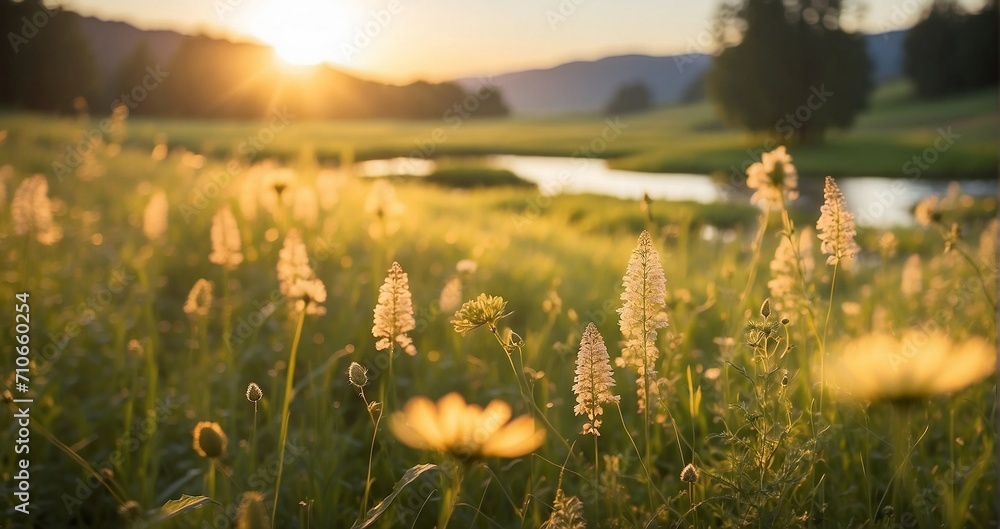The serene beauty of a meadow during the golden hour, with soft sunlight casting a warm glow on wildflowers, tall grasses, and a gentle stream - Generative AI