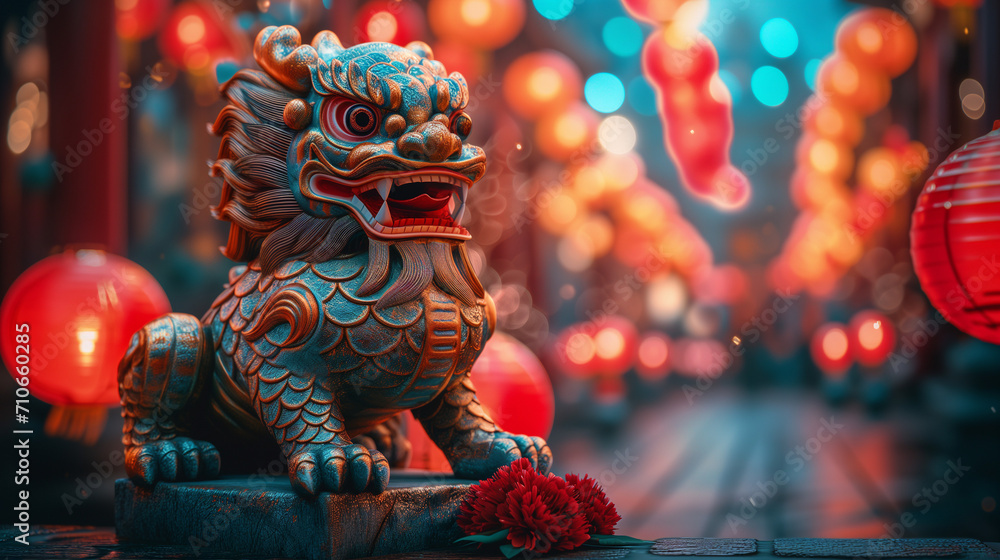 Fototapeta premium dragon stronger stone or jade lamp china line Beautiful walkway holiday Focus stacking, 3d rendering illustration background for happy chinese new year 2024 the dragon zodiac sign with red and gold 