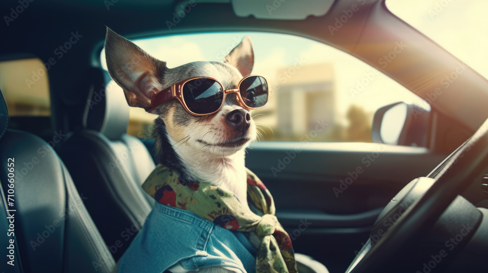 A stylish dog in the backseat,  feeling the rhythm of the road