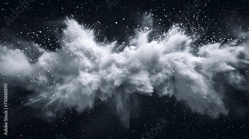 Wide horizontal layout of white powder snow cloud burst against dark backdrop.