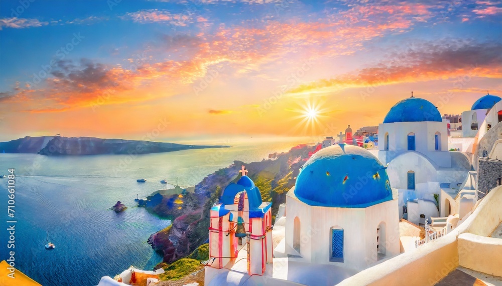 fantastic mediterranean santorini island greece amazing romantic sunrise in oia background morning light amazing sunset view with white houses blue domes panoramic travel landscape lovers island 