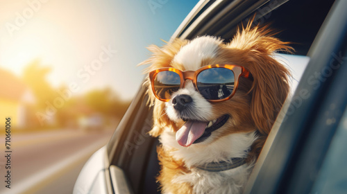 A stylish dog in the backseat,  feeling the rhythm of the road