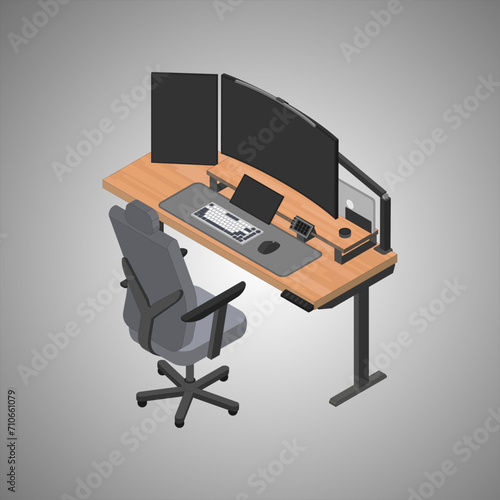 desktop seup with three monitor and accesories