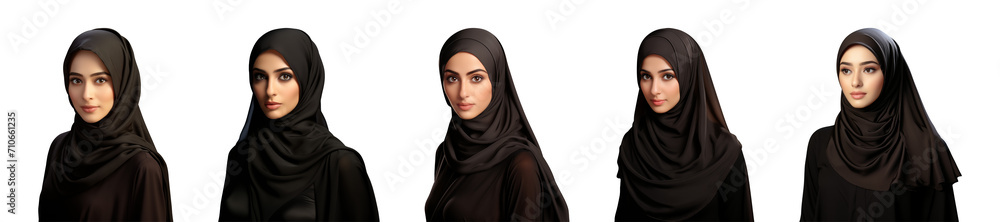 Collection portrait of a Muslim woman wearing a black hijab isolated on a transparent background Collection portrait of a Muslim woman wearing a black hijab isolated on a transparent background