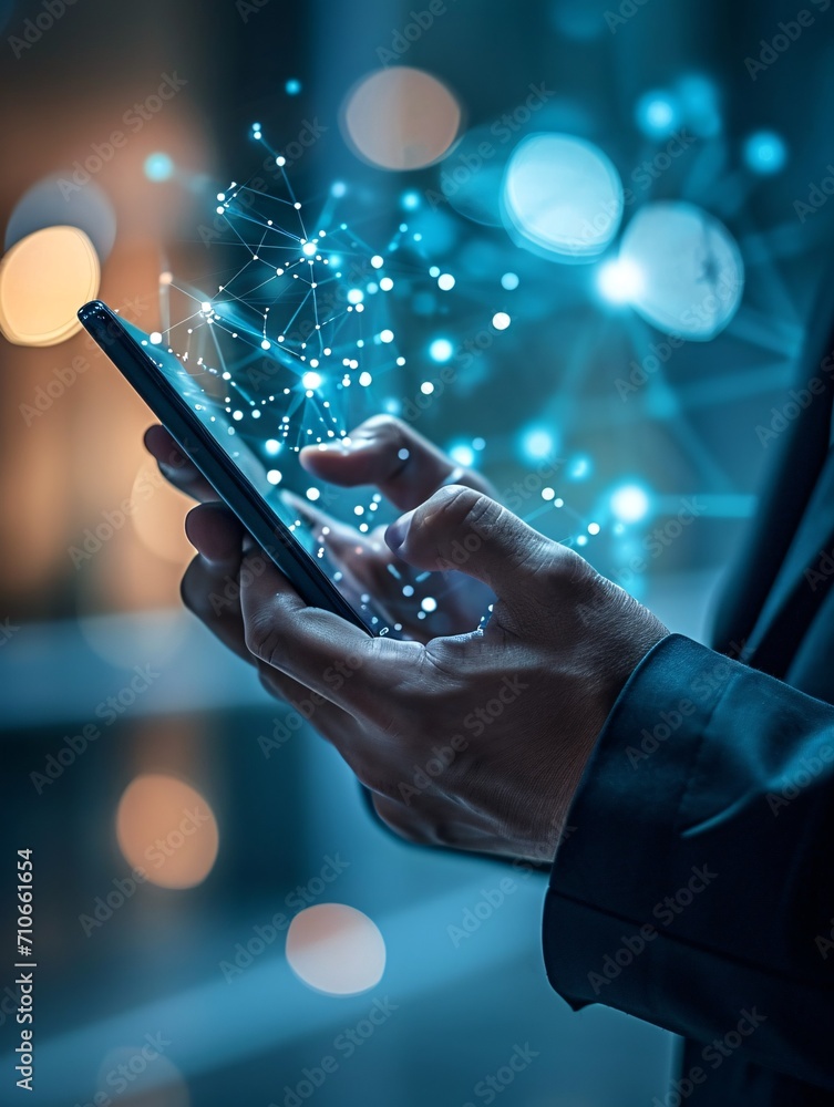 Entrepreneur using mobile device for promoting on social platforms and ...