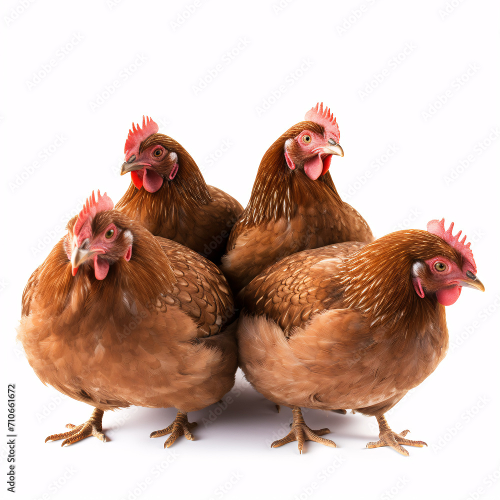 Fototapeta premium Lonely brown chickens on a plain backdrop illustrate poultry-rearing notion.