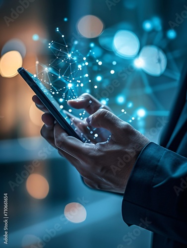 Entrepreneur using mobile device for promoting on social platforms and virtual promotions. Digital representation of information exchange and connection. Remote work and Physical Distancing. photo