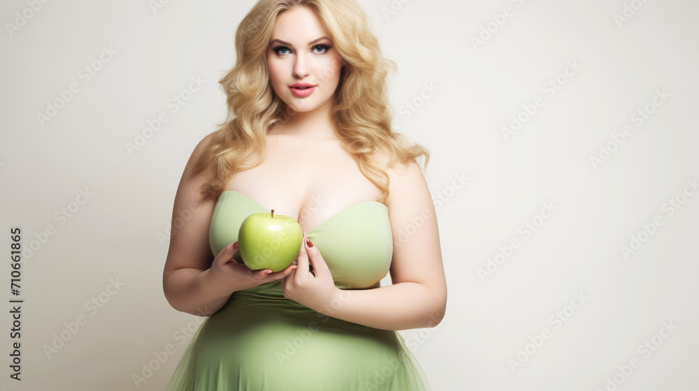 Plus size woman with green apple in her hands on a white background Plus size woman with green apple in her hands on a white background