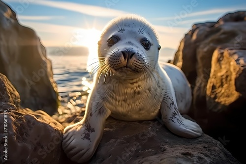 A baby seal lounging on a rocky shore, basking in the sunlight. photo