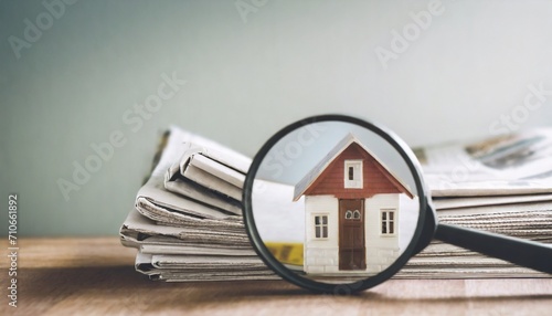 miniature house with magnifying glass on desk with newspapers home searching concept real estate loan illustration photo