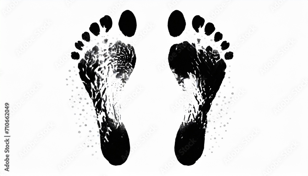 black human footprint white background isolated close up adult foot print pattern  barefoot footstep silhouette mark two messy bare feet painted stamp ink drawing imprint sign symbol  - obrazy, fototapety, plakaty 