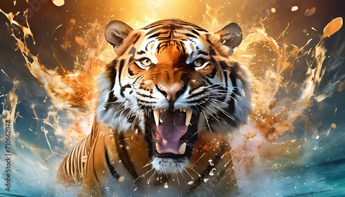 roaring tiger head graphic illustration with dynamic splash background illustration photo