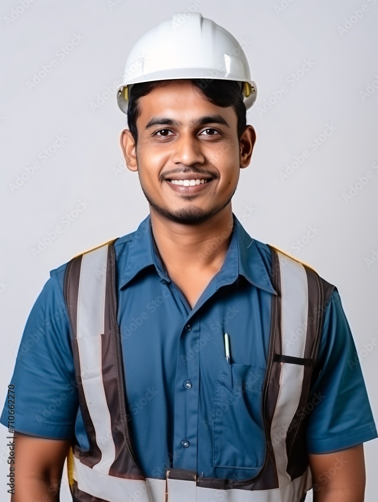 A smiling contractor or architect in India, wearing a safety vest and hard hat, poses for a studio portrait on a white background.