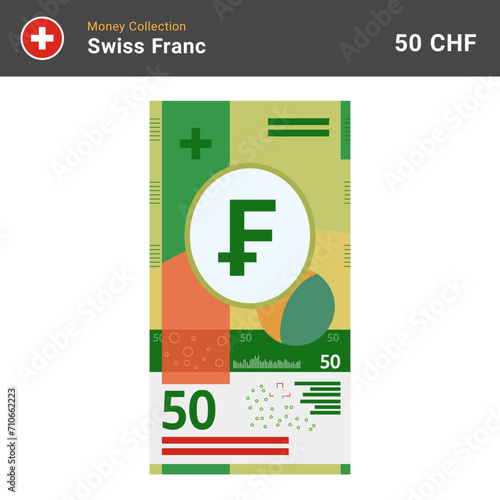 Swiss 50 francs banknote vector illustration. Paper money of fifty bills. The official currency of Switzerland CHF. Flat style. Simple minimal design.