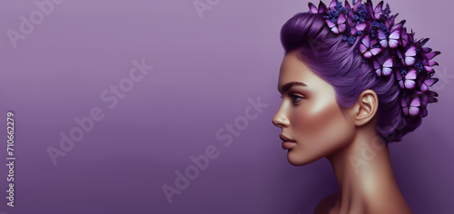 Portrait of a woman with purple hair on a lavender background.