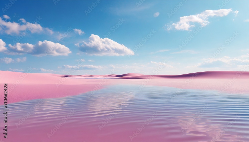 3d render modern abstract minimalist background water in the middle of the pink desert under the blue sky with white clouds fantasy landscape illustration