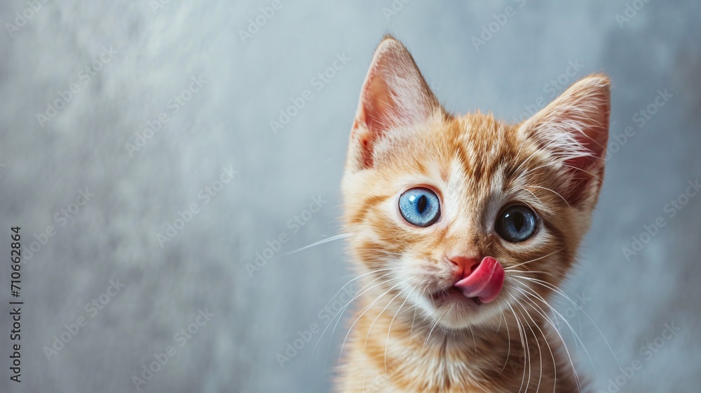 Amusing feline licking its chops. Close-up of a white and red kitty with stunning azure eyes gazing forward. Adorable famished cat. Professional photo. Empty area for words.