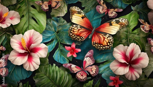 vintage floral print with hibiscus and butterflies dark tropical background premium wallpaper hand drawn 3d illustration luxury pattern for postcard packaging clothing illustration