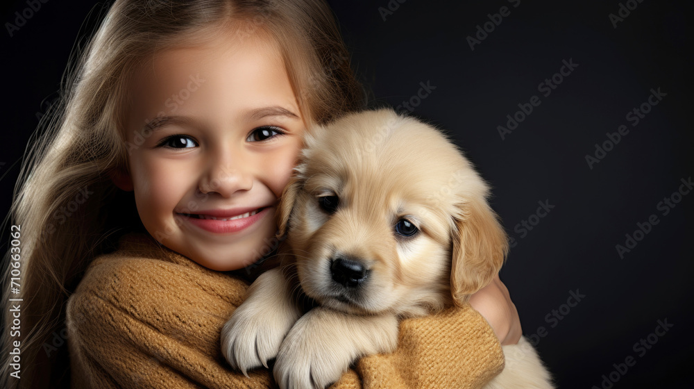 Little happy child hugging golden retriever puppy, portrait on black background.
Little happy child hugging golden retriever puppy, portrait on black background.