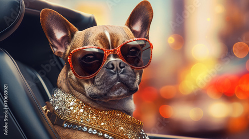 A stylish pup with bling,  feeling the cars rhythm and vibe