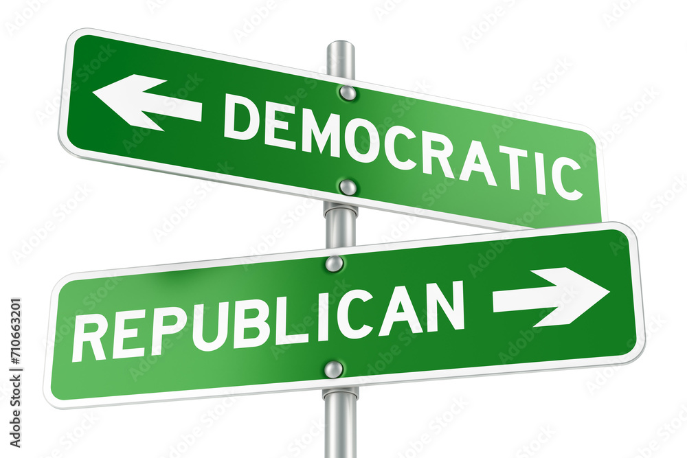 Democratic or Republican directions. Opposite traffic sign, 3D rendering isolated on transparent background