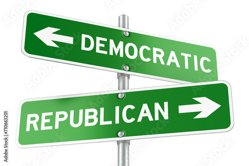 Democratic or Republican directions. Opposite traffic sign, 3D rendering isolated on transparent background