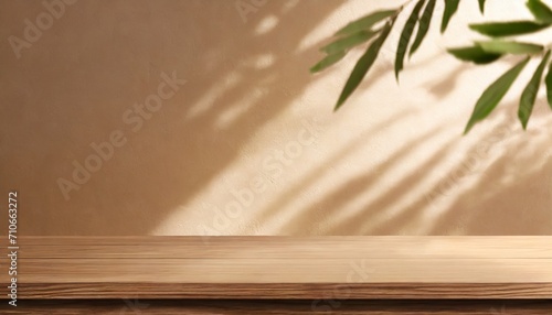 blank brown wooden counter table in soft sunlight leaf shadow on beige texture wallpaper wall for luxury organic cosmetic skincare beauty body care treatment product display background 3d illustration