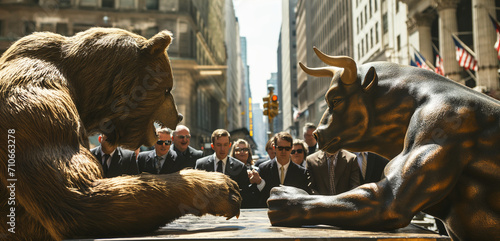 large bronze bear and bull are arm wrestling on a table in the middle of Wall Street, surrounded by cheering businessmen in suits photo
