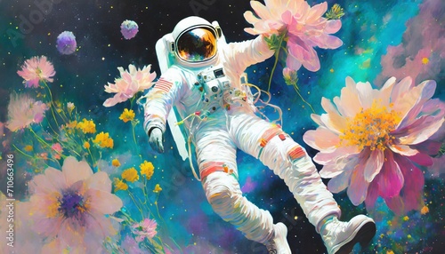 an astronaut is hanging in space with several flowers in the style of psychedelic dreamscapes wimmelbilder sketchfab airbrush art dynamic pose i can t believe how beautiful this is luminous pal  photo