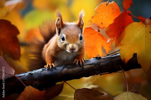 A baby squirrel exploring a tree branch covered in vibrant autumn leaves.