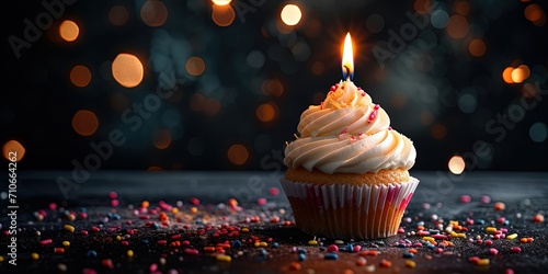 One cupcake with cream and one candle, birthday, holiday, surprise, decor, wallpaper, background.