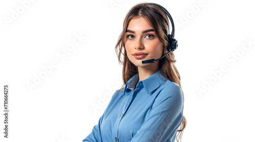 Beautiful female customer support agent in blue uniform isolated background