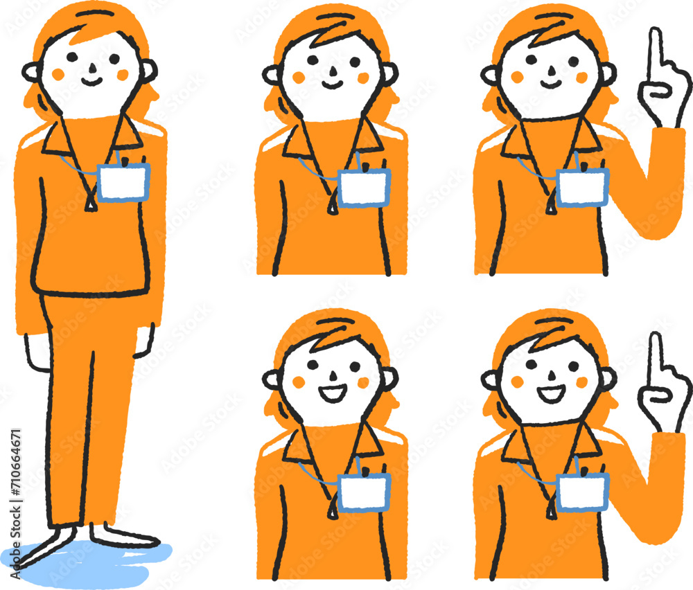 胸に身分証明書を示しているスエットを着たの女性　セット　イラスト素材
