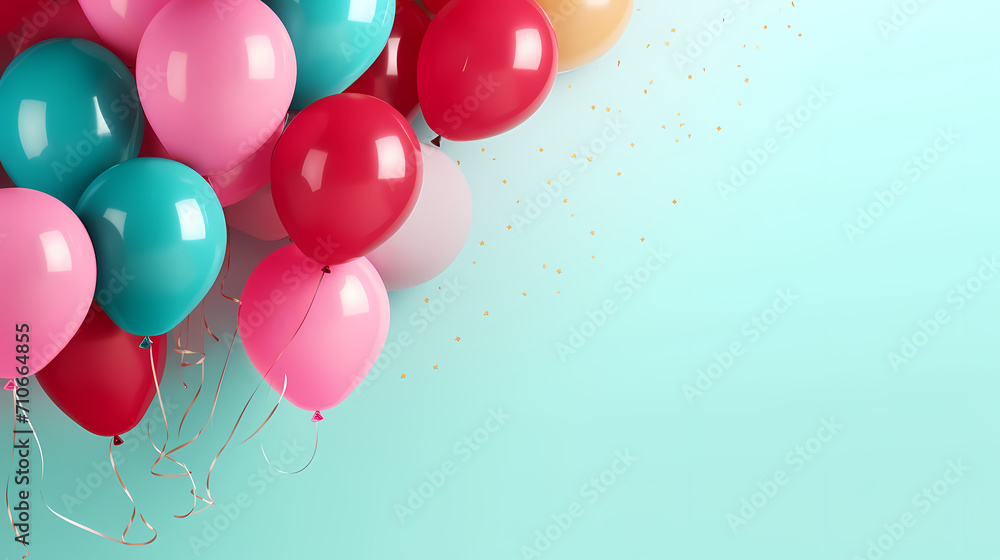 Holiday background with colorful balloons, confetti and ribbons. Holiday greeting card for birthday party, anniversary, New Year, Christmas or other events