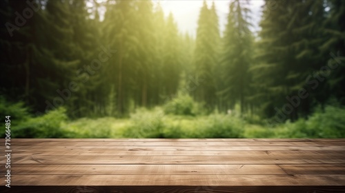 A serene wooden table top with a blurred forest in the background, creating a peaceful and natural ambiance.