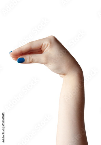 Young woman showing with her hand as if she is squeezing something . Isolated on white background