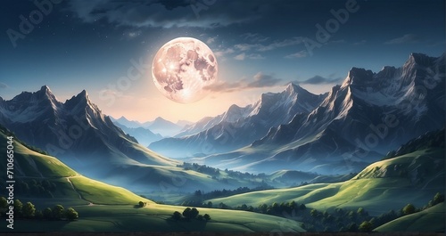 An image of a moonlit valley nestled between hills  with the soft glow of the moon casting shadows on the slopes - Generative AI