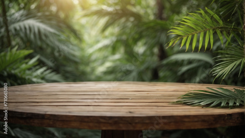 Wooden table top on blur tropical forest background with bokeh light. High quality photo 